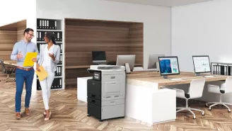 Two colleagues walking through office-printer-Product